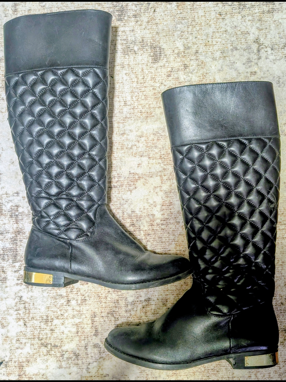 Vince Camuto Quilted Black Leather Knee Boots with Gold Heel Accent